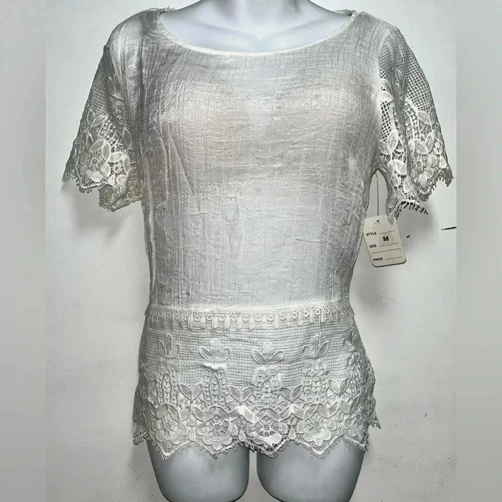 Win Win Apparel White Blouse Crochet Trim Top